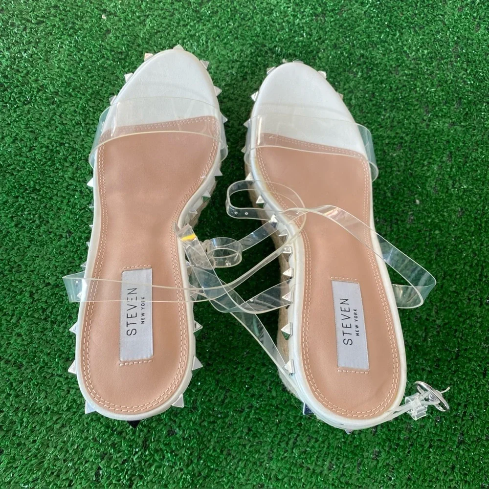 Steven New York by Steve Madden Clear Studded Espadrille Wedge Sandals S-10M K-2